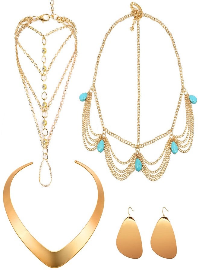 Leumoi Princess Jasmine Costume Accessories Gold Choker Necklace Earring Tassel Bracelet Head Chain Halloween Arabian Princess Jasmine Jewelry Set for Women - Image 1